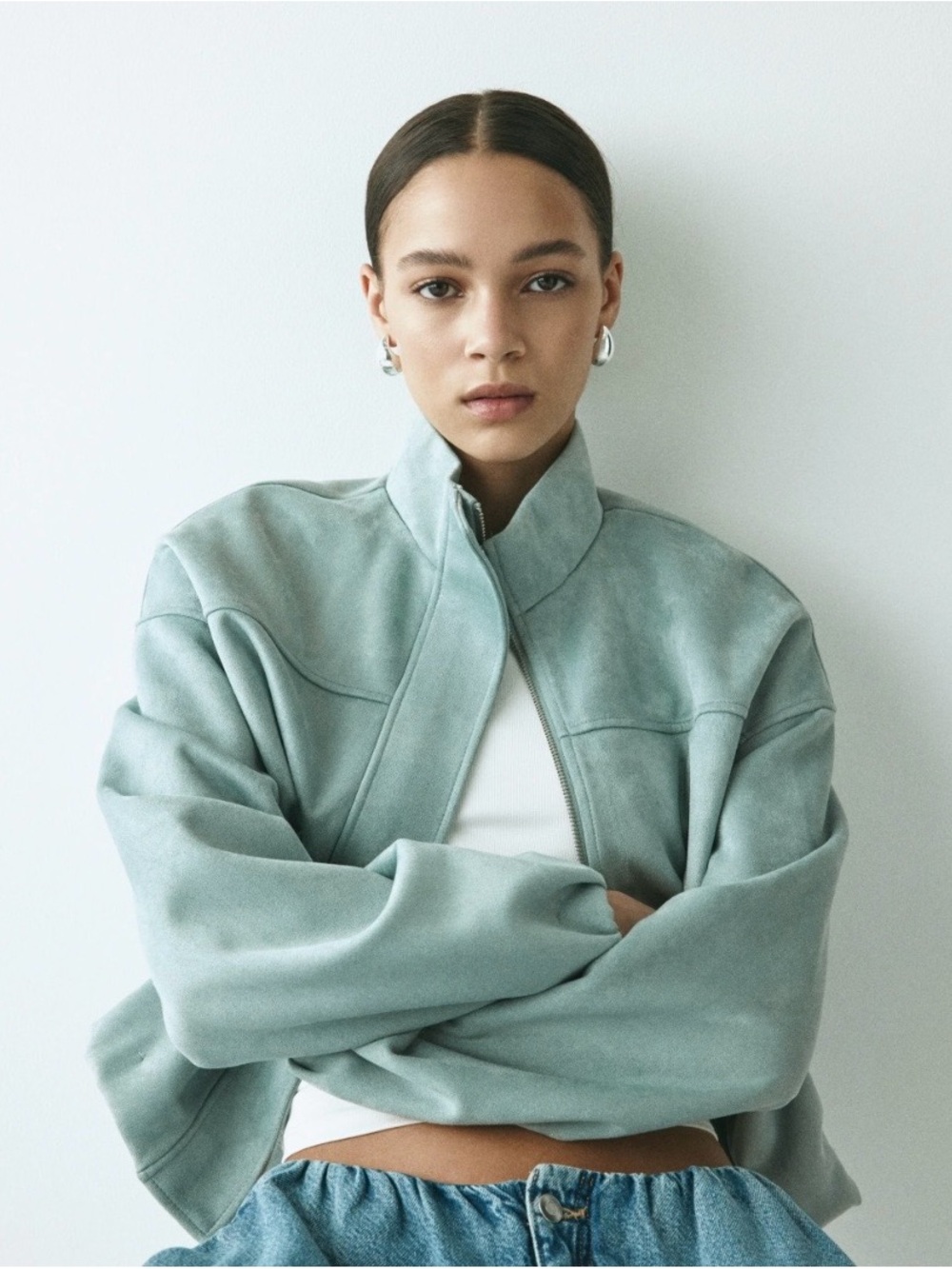 Divided Pale Mint Suede Bomber Jacket